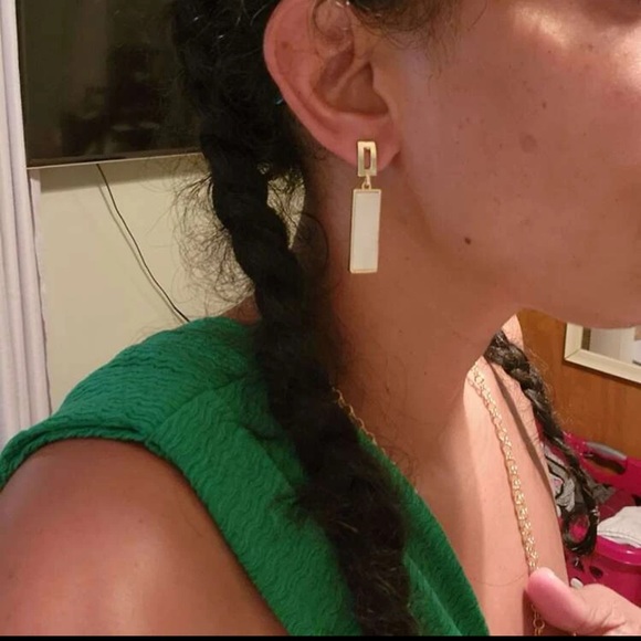 Geometric Rectangular White & Gold Drop Earrings | Minimalist Statement Jewelry - Picture 16 of 16